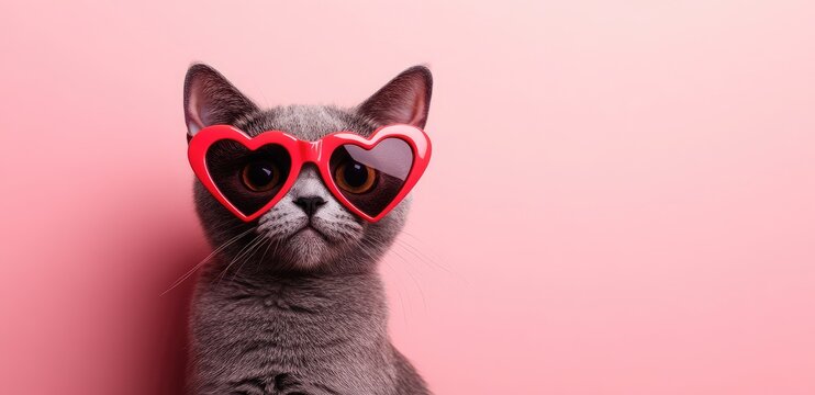 A sophisticated gray cat wearing vibrant red heart-shaped sunglasses against a soft pink backdrop. Ideal for Valentine's Day campaigns, themed designs, or festive promotions