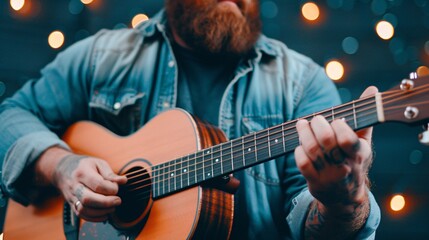 Obraz premium acoustic guitar musician playing in a cozy environment with string lights