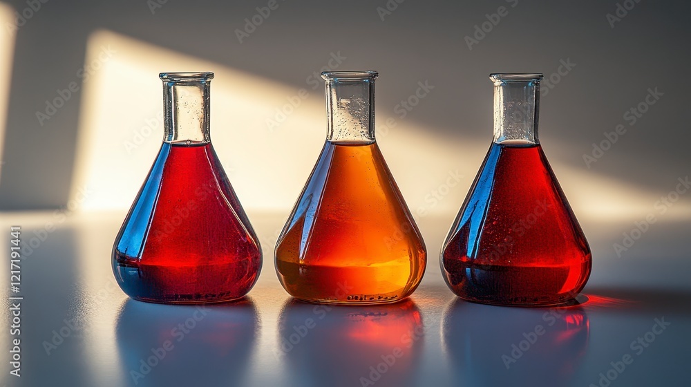 Poster three conical flasks filled with colored liquids in a laboratory setting