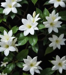 Fototapeta premium Dreamy close-up image of white jasmine flower and lush green leaves on black background, Home Garden, Flawless, Exotic, Seasonal, Blossoming Foliage