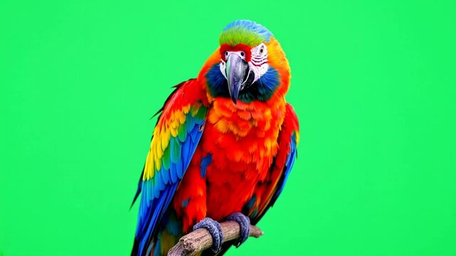 Scarlet Macaw perched, green screen, studio shot, vibrant plumage