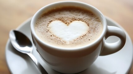 Obraz premium A close-up of a soy milk latte with a heart-shaped design made from steamed milk, sitting on a saucer with a spoon