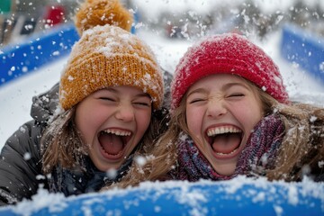 Two girls gleefully enjoying their time snow tubing down a hill, radiating happiness amidst a flurry of snow, perfect representation of winter fun and friendship.