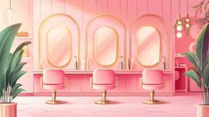 Pink salon interior with three stations, mirrors, and chairs.