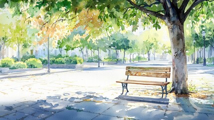 A serene park scene featuring a wooden bench under a lush tree, surrounded by greenery and illuminated by soft sunlight.