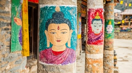 view of painted murals depicting Buddhist deities on temple walls Tibetan architecture 