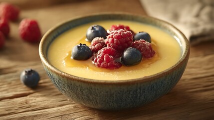 A bowl of soy milk pudding topped with berries and a drizzle of honey, placed on a rustic wooden table