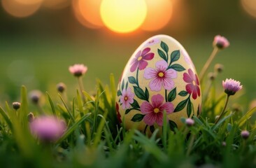 Happy Easter concept. Colorful easter eggs and one big green easter egg on spring green grass. 