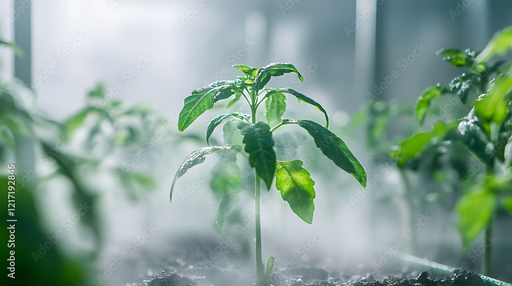 Aufkleber vibrant green tomato seedling growing in a humid environment under soft light, representing new life