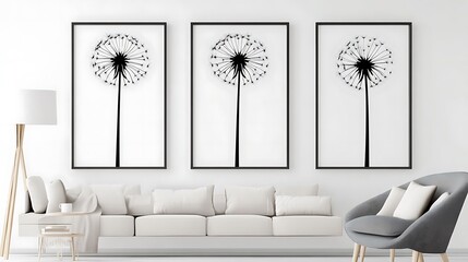 Three framed dandelion prints above a white sofa.