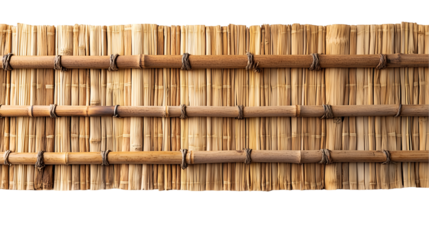 A close-up of a handmade bamboo and straw fence tied with natural rope, showcasing traditional craftsmanship. Isolated on a transparent background for versatile use in design projects.