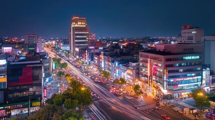 Obraz premium A vibrant city skyline at night, showcasing illuminated buildings and bustling streets, capturing the essence of urban life.