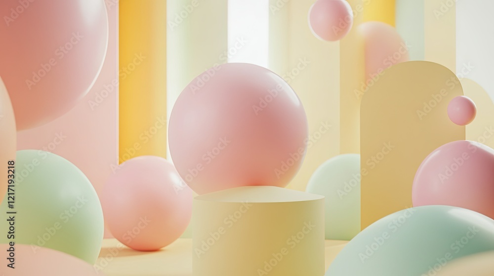 Poster a visually appealing arrangement of soft pastel-colored circles and squares, creating an abstract ge