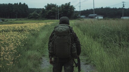 Soldier in tactical gear walking through a field, surrounded by lush greenery and distant buildings