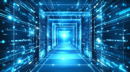 Fototapeta premium Futuristic blue digital tunnel, glowing lines and data streams.
