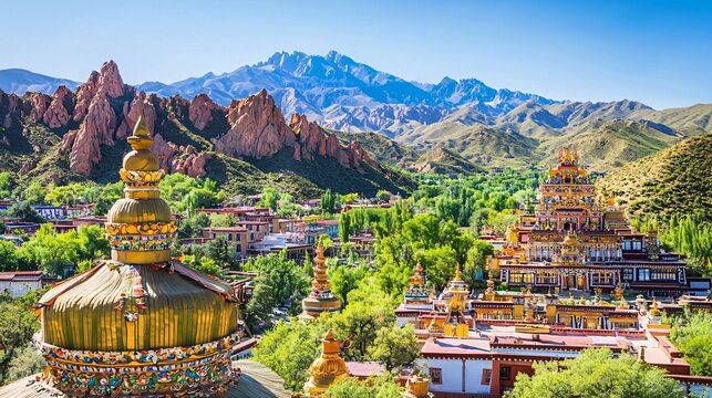 Tibetan stupas with richly decorated surfaces against a mountainous backdrop Tibetan architecture 