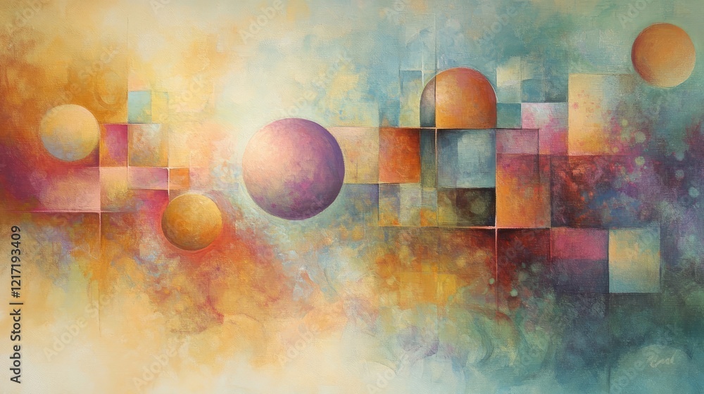 Poster a visually stunning layout of soft pastel circles and squares, intermingling in an abstract design t