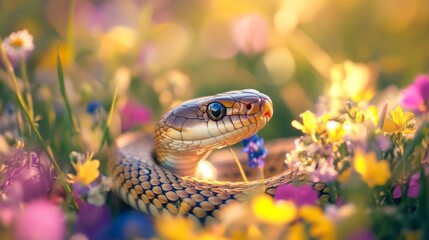 Fototapeta premium A vibrant snake coiled among colorful flowers. Nature’s beauty shines through in this stunning shot. Perfect for wildlife enthusiasts or nature lovers. Generative AI
