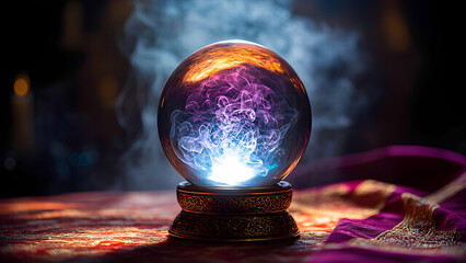 Fortune Teller Crystal Ball in a dark blue and purple smoky background. Guessing for the future. Magic sphere predictions. Mind power, halloween concept, wallpaper or web banner with copy space
