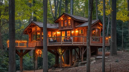 a whimsical treehouse nestled among the branches, capturing childhood dreams and adventurous spirit in a forest setting
