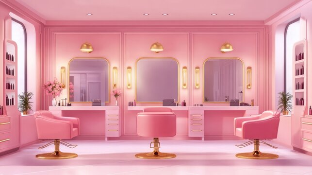 Pink beauty salon interior with stylish furniture.