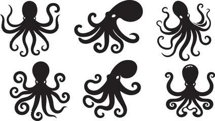 Silhouette vector illustration of a flat octopus art.  octopus set in black color with a white background © HAFIJA KHATUN