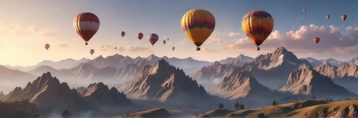 Group of Air Balloons Drifting Above the Mountains, clouds, group balloons