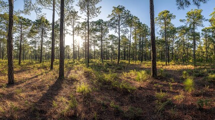 Naklejka premium Serene Evergreen Forest with Soft Sunlight Filtering Through Trees