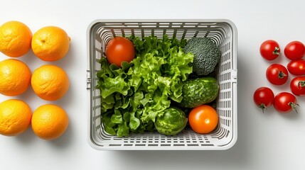 Vibrant Fresh Produce in a Basket Oranges, Tomatoes, and Leafy Greens