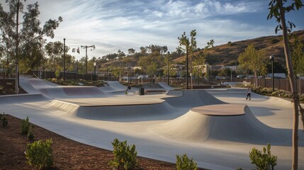 Fototapeta premium A vibrant skatepark in a sunny environment with smooth surfaces.