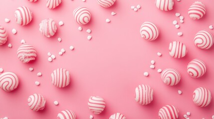 Pink background with swirl candies and sprinkles.