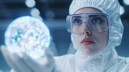female scientist in lab holding glowing sphere for research and innovation