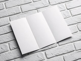 Elegant blank trifold brochure mockup displayed against a textured white brick wall, perfect for showcasing your design concepts and promotional material ideas.
