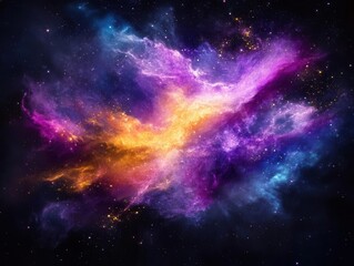 Fototapeta premium vibrant watercolor splashes forming a cosmic nebula, swirling colors of purple, teal and gold, ethereal lighting effects