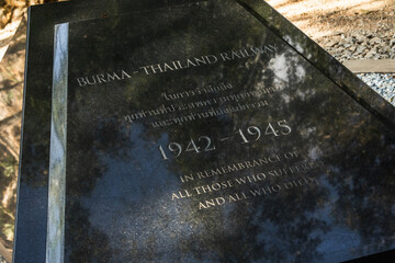 Burma-Thailand Railway memorial plaque honoring those who suffered and died between 1942 and 1945