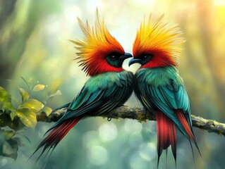 Obraz premium Tropical birds courtship, vibrant plumage, forest background, nature love