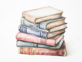 vintage leather-bound books stacked artistically, painted in ethereal watercolors with delicate ink details, soft pastel hues, floating on white background