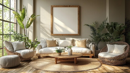 Living Room with Natural Elements:  A cozy and inviting living room with a light and airy atmosphere. Sunlight streams in through a large window, illuminating the natural elements - woven furniture.