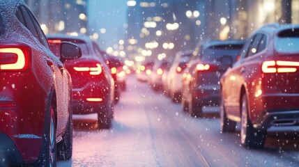 Red Cars In Snowy Traffic With Bright City Lights Glowing.
