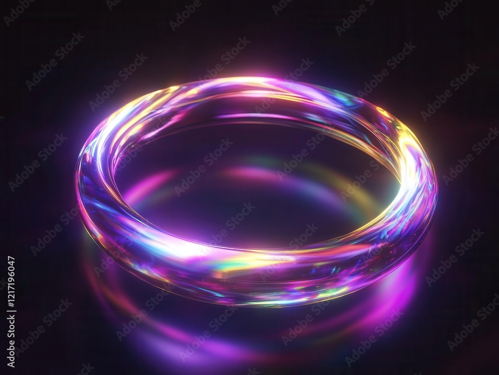 Poster a floating 3d holographic ring with iridescent rainbow surface, rotating in dark void, emitting ethe