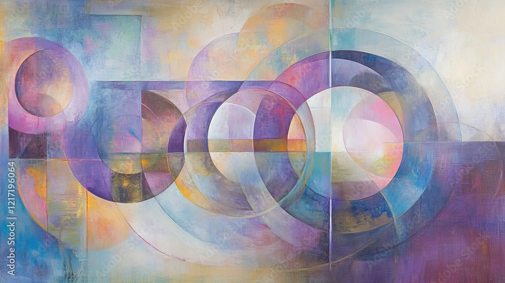 Poster an elegant display of soft pastel shapes, merging circles and squares in a captivating abstract desi