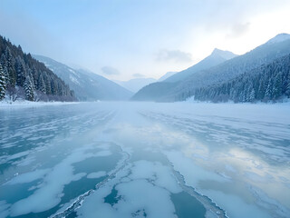Obraz premium Blue ice and cracks on the surface of the ice. Frozen lake under a blue sky in the winter. The hills of pines. Winter. Carpathian, Ukraine, Europe. 