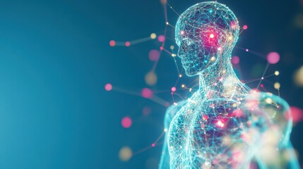 A conceptual image of a human body with illuminated health metrics and floating data points, set against a plain background, Conceptual style
