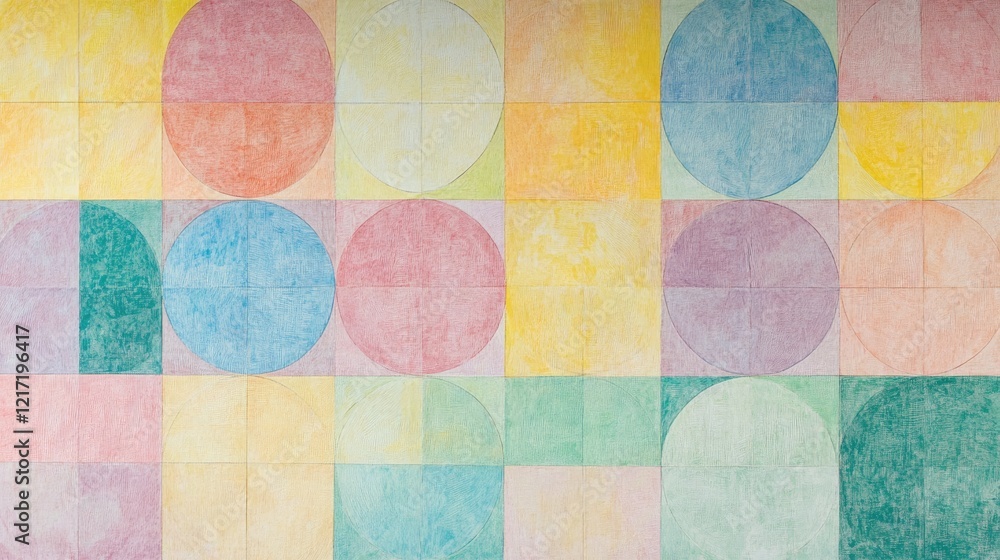 Poster an enchanting display of soft pastel shapes, including circles and squares, overlapping to create a 