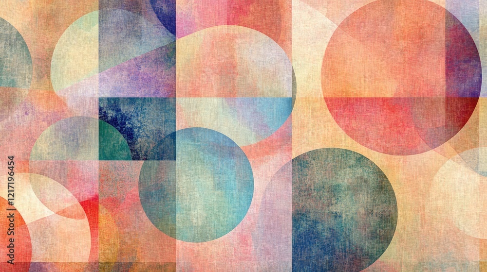 Poster an enchanting display of soft pastel shapes, including circles and squares, overlapping to create a 