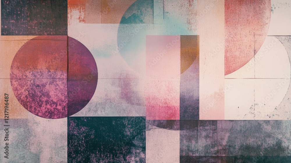 Poster an enchanting display of soft pastel shapes, including circles and squares, overlapping to create a 