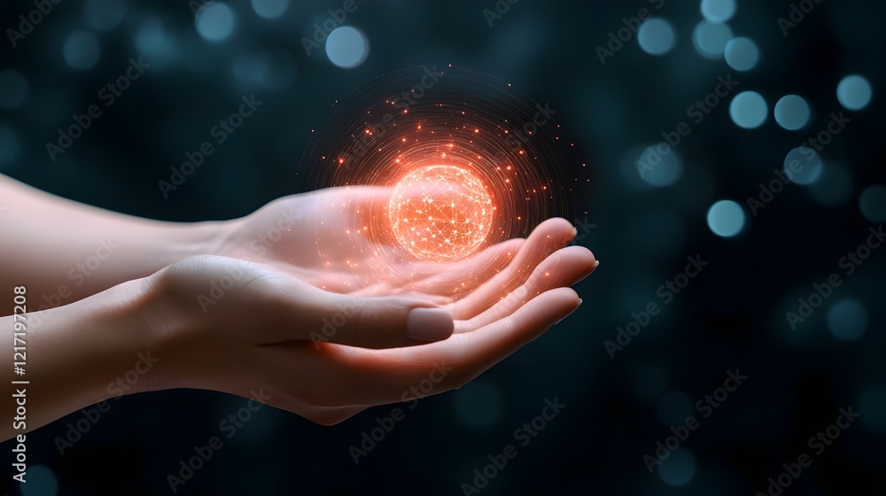 Poster hands showcasing futuristic augmented reality data visuals for business concepts