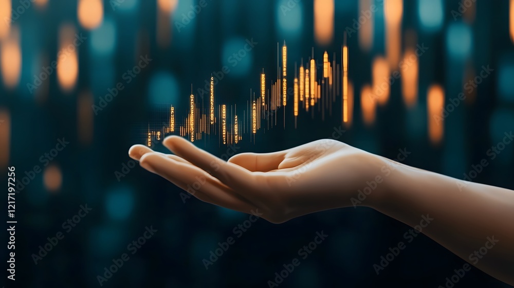 Poster hands presenting augmented reality data visuals on futuristic abstract background