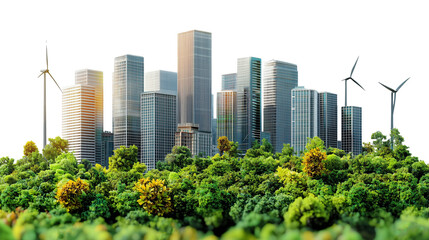 Green and eco-friendly area with renewable energy, modern skyscrapers, sustainable and eco-friendly urban architecture. Isolated on transparent background. Cutout