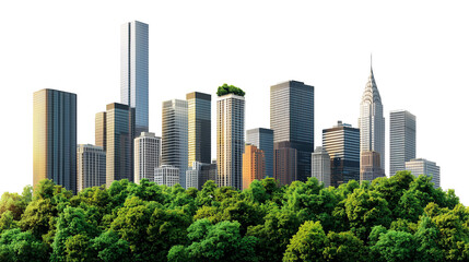 Fototapeta premium Modern skyscrapers behind lush trees in a green, ecological area of ​​a city. Isolated on transparent background. Cutout.